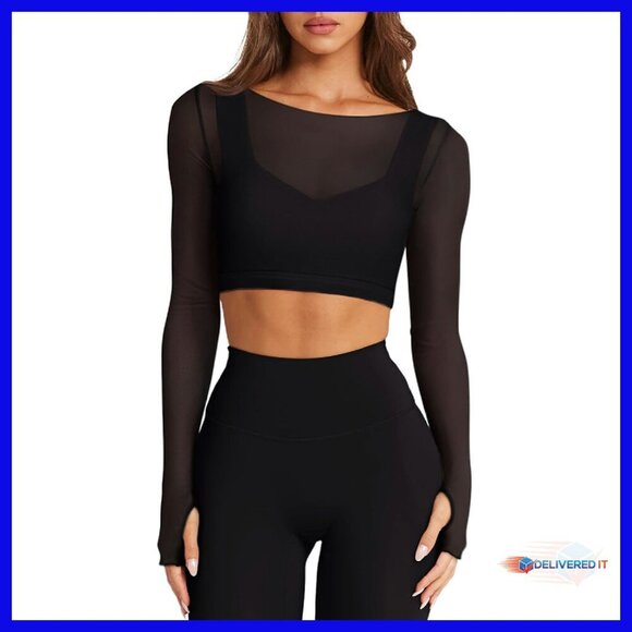 Tops - Mesh Long Sleeve Crop Top Double Lined Built-in Bra Workout Shirt